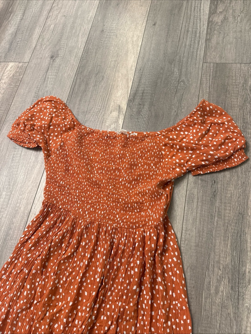 Roxy Rust Orange Dot Smocked Midi Dress - Picture 2 of 5